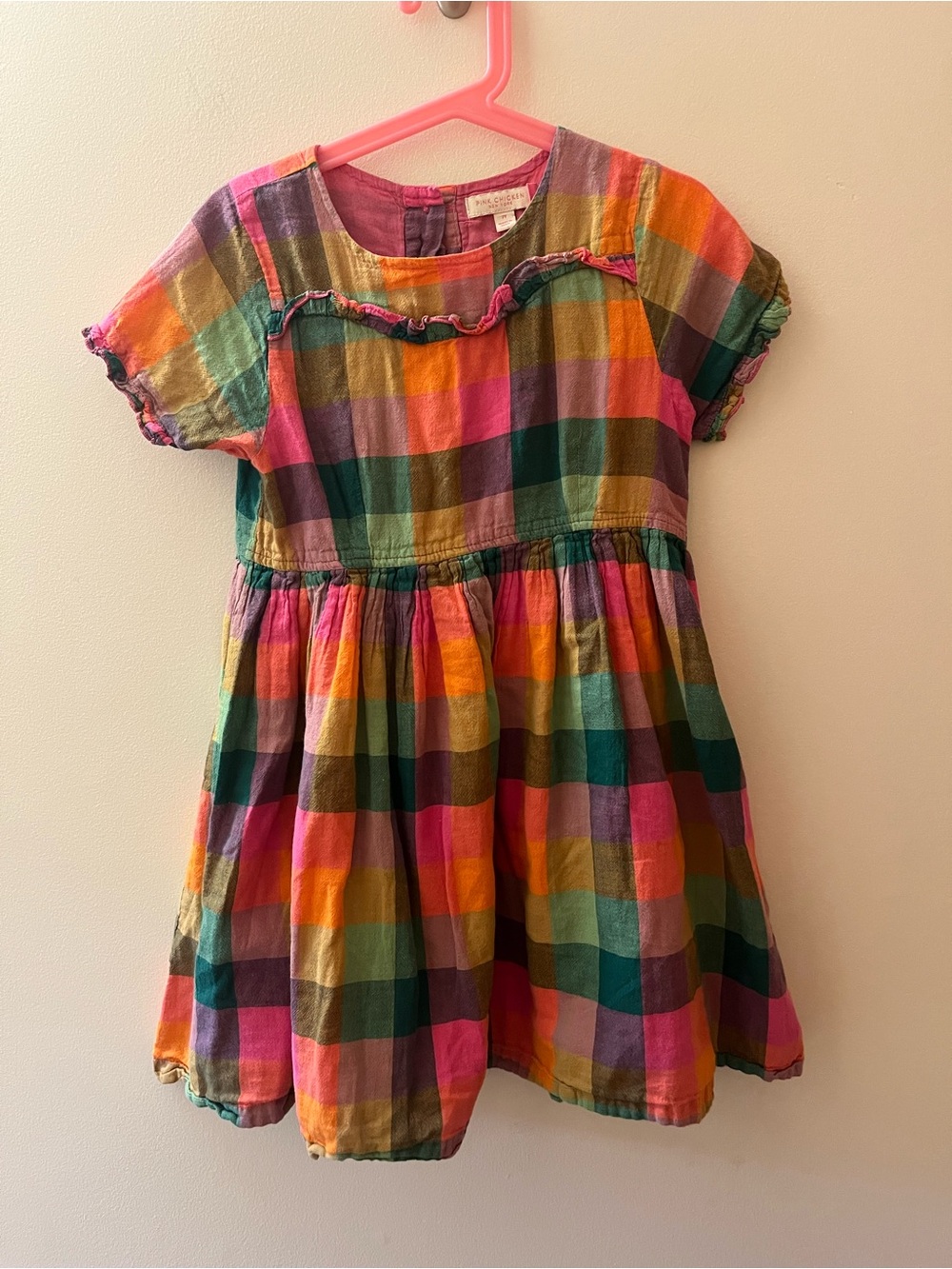 Pink Chicken Multicolor Plaid Cotton Dress in Pink, Green & Orange